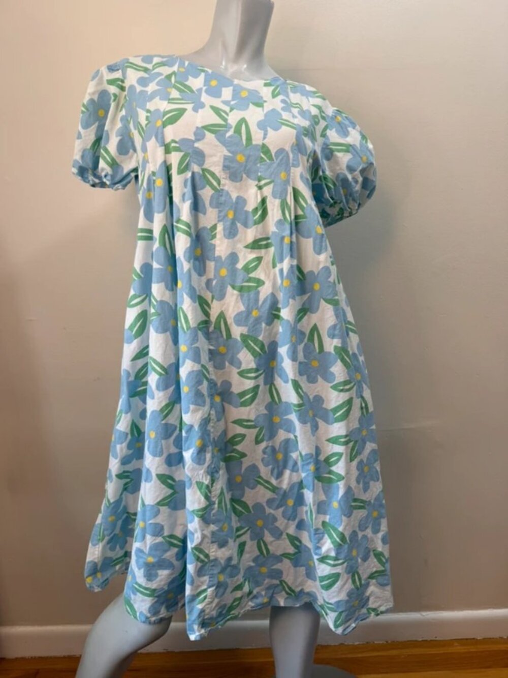 Cottagecore Cotton Floral Dress Short Puff Sleeve Plissé Pleat Midi